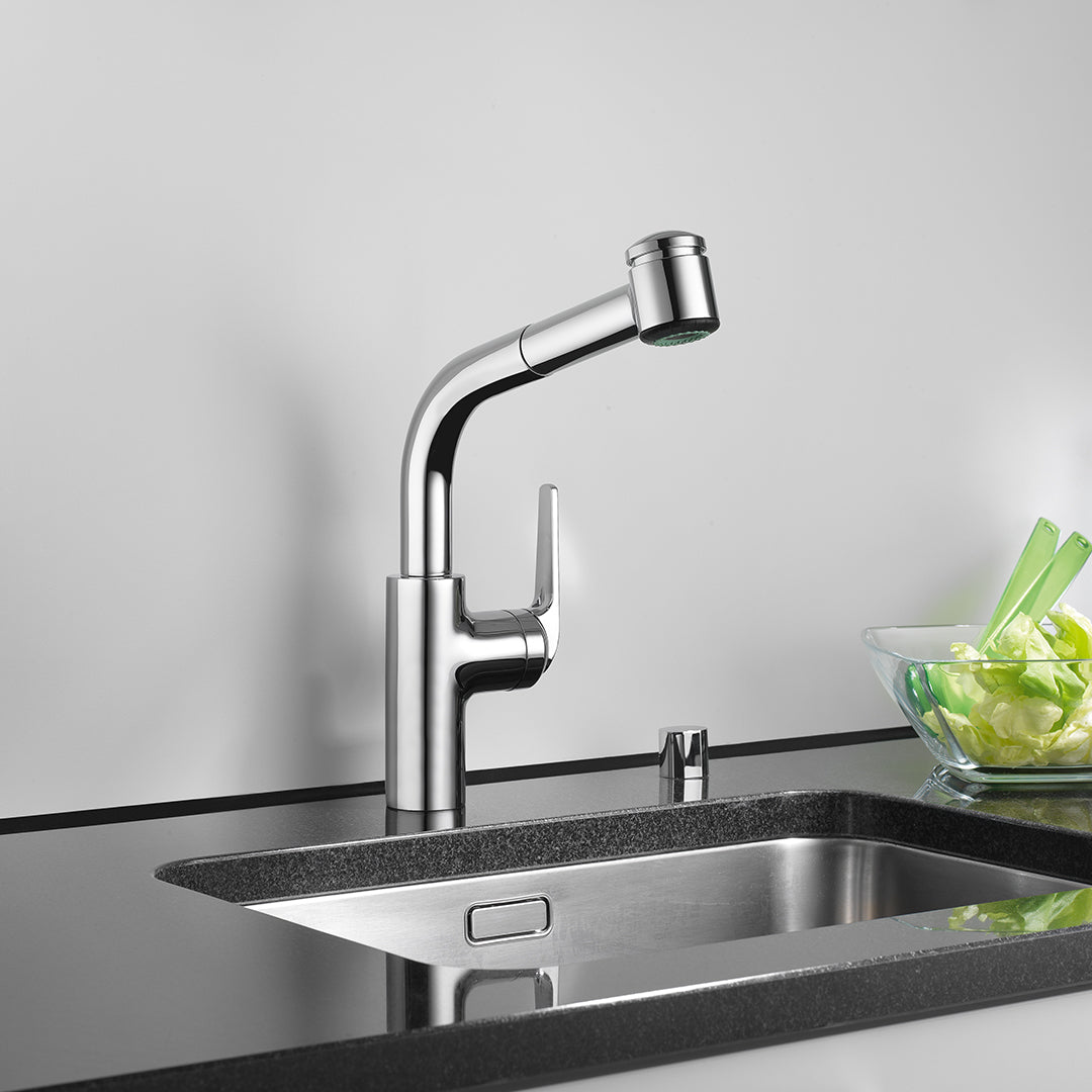 KWC Domo Single Hole Kitchen Faucet with pull-out Spray - Side Lever