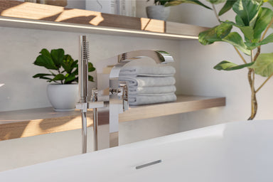 Leyden Floor Mount Tub Filler with Metal Lever Handle and Hand Shower