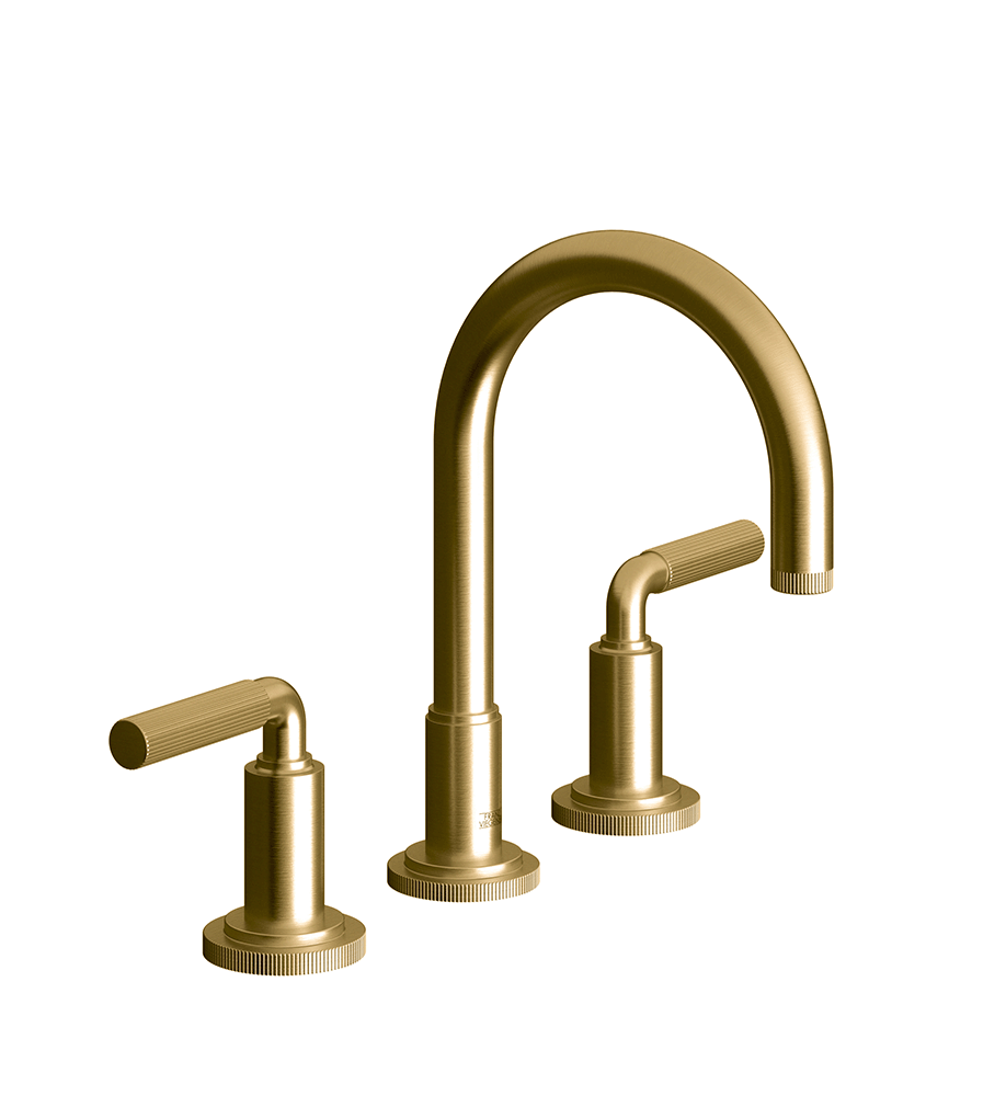Techno Chic Widespread lavatory faucet with push-down pop-up drain
