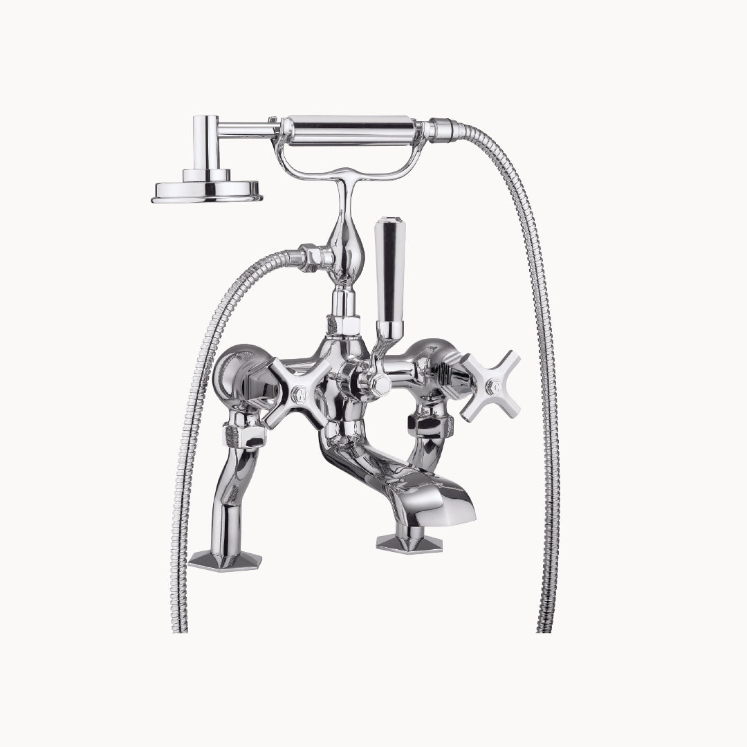 Waldorf Floor Mount Tub Filler with Hand Shower and Cross Handles