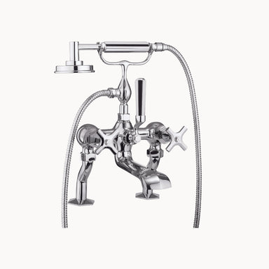 Waldorf Floor Mount Tub Filler with Hand Shower and Cross Handles