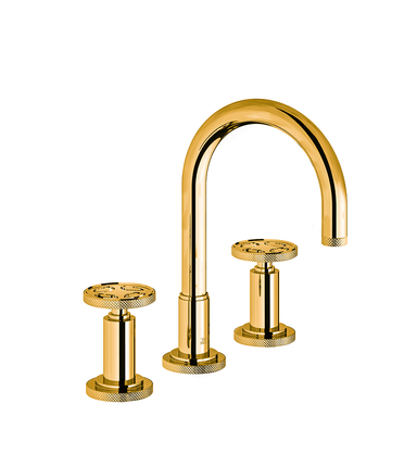 Techno Chic Widespread lavatory faucet with push-down pop-up drain assembly (no lift rod) - Knurling