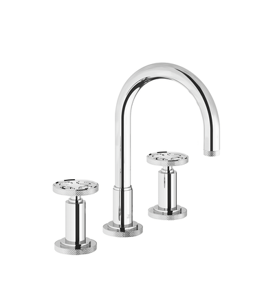 Techno Chic Widespread lavatory faucet with push-down pop-up drain assembly (no lift rod) - Knurling