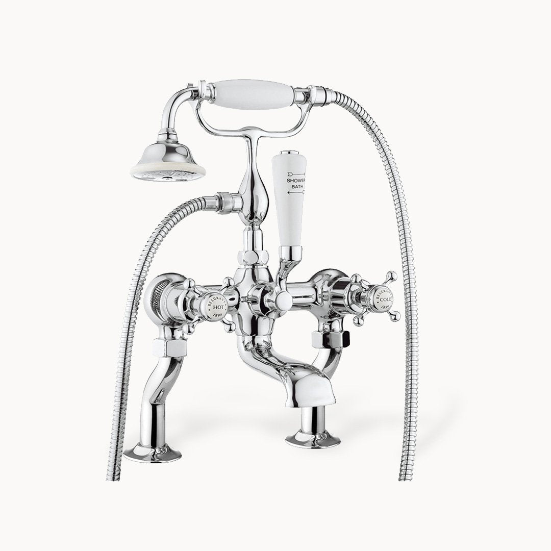Belgravia Floor Mount Tub Filler with Hand Shower and Cross Handles