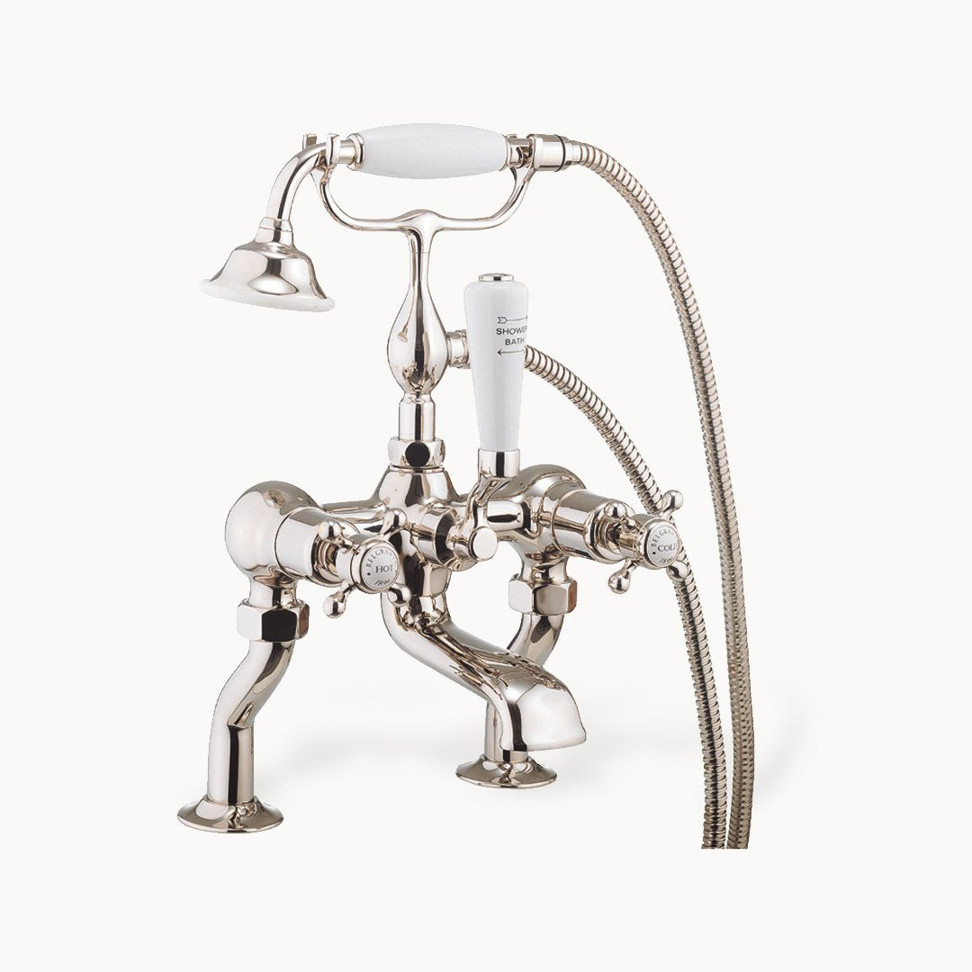 Belgravia Floor Mount Tub Filler with Hand Shower and Cross Handles