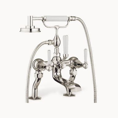 Waldorf Floor Mount Tub Filler with Hand Shower and White Lever Handles
