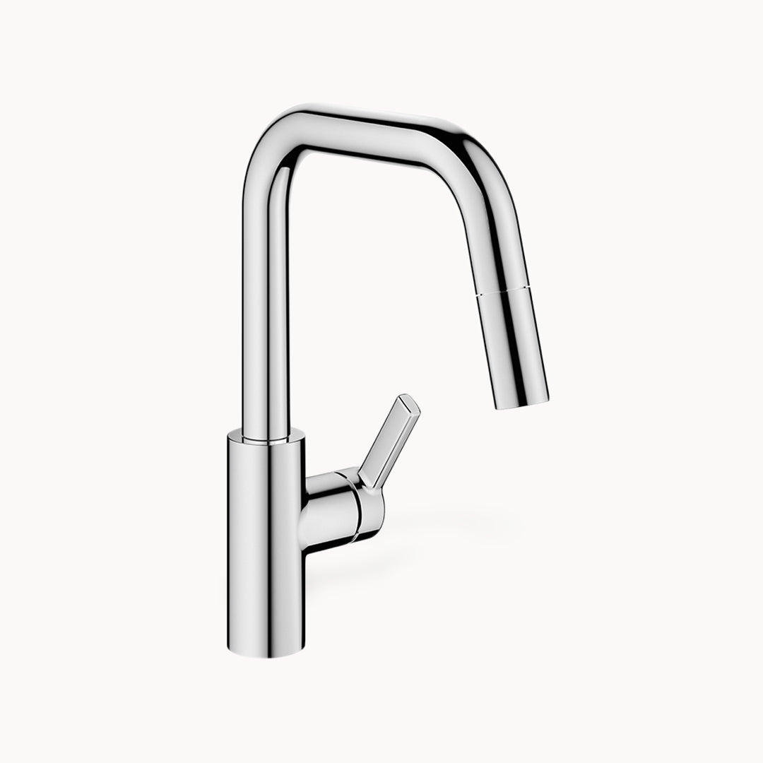 KWC Luna E Single Hole Kitchen Faucet with pull-out Spray - Geometric spout with Side Lever