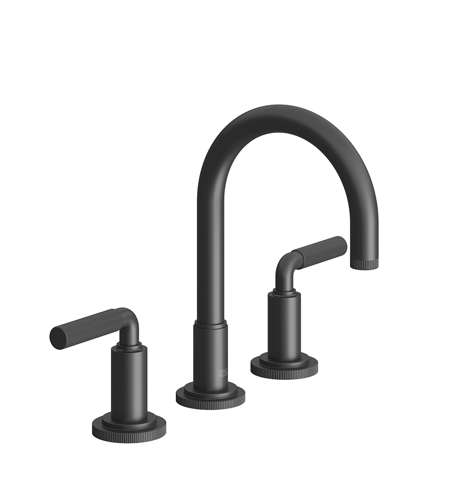 Techno Chic Widespread lavatory faucet with push-down pop-up drain assembly (no lift rod) - Vertical Lines Lever