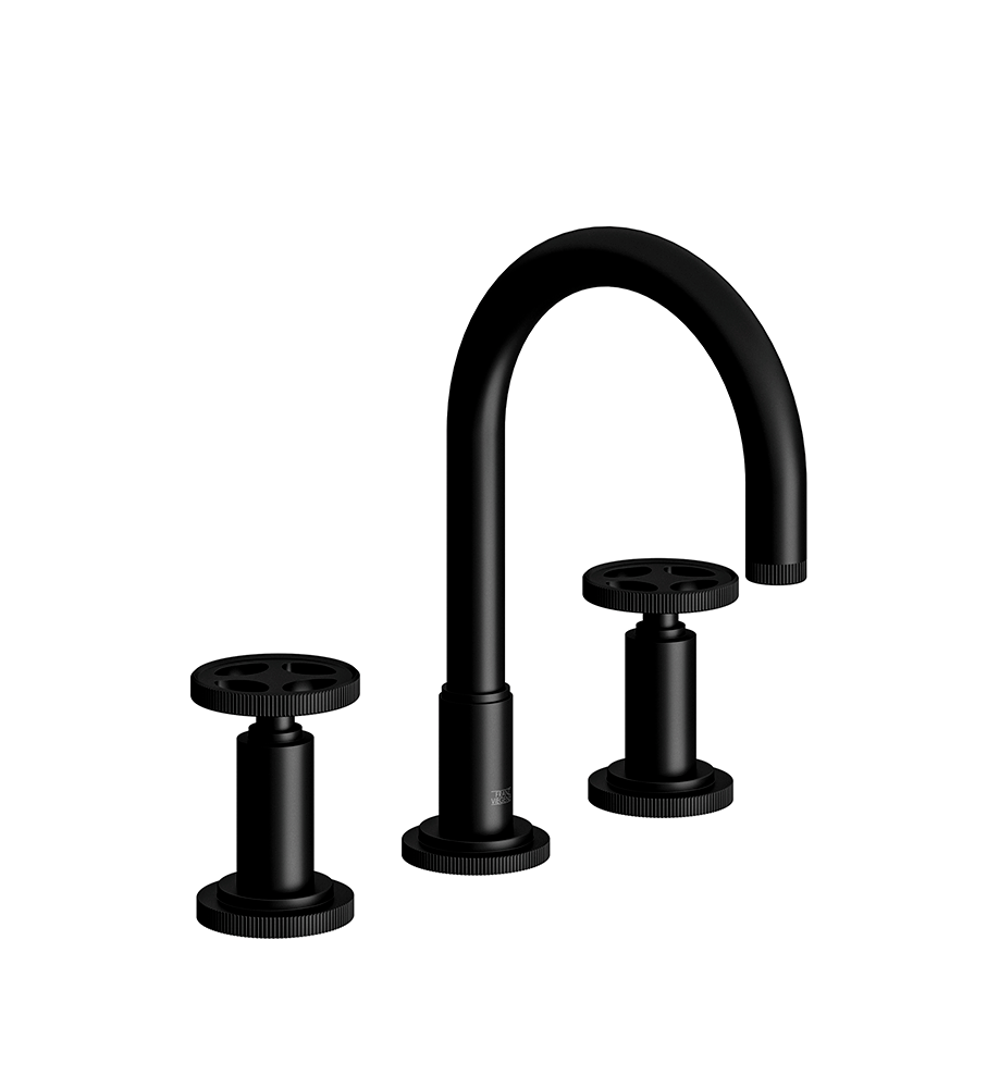 Techno Chic Widespread lavatory faucet with push-down pop-up drain assembly (no lift rod) - Vertical lines