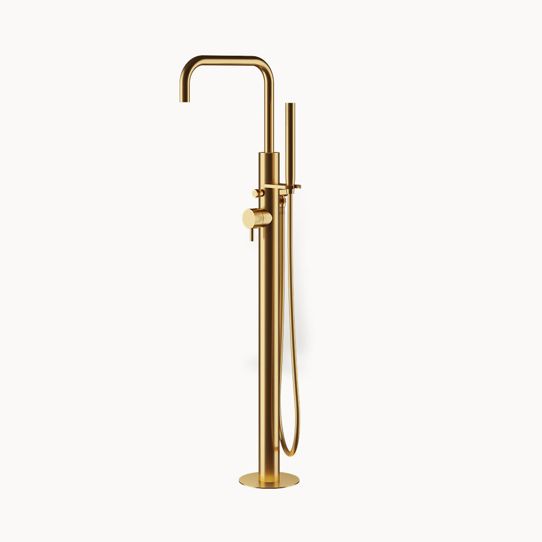 Minimal MB519 Stainless Steel Floor-mount Tub Spout with Handshower in Stainless Steel Matte Gold PVD