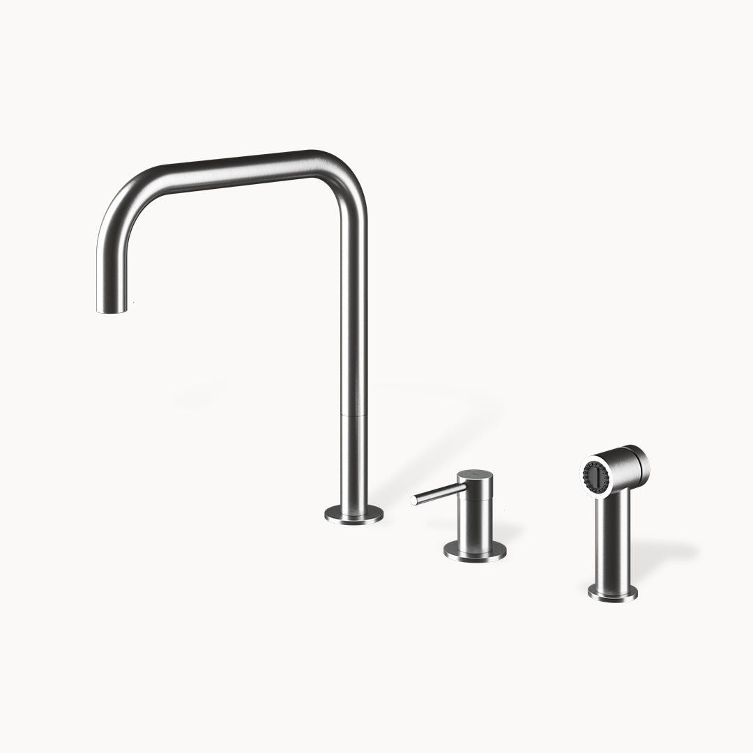 F2 HS Three-hole Stainless Steel Kitchen Faucet with Side-spray in Stainless Steel Matte