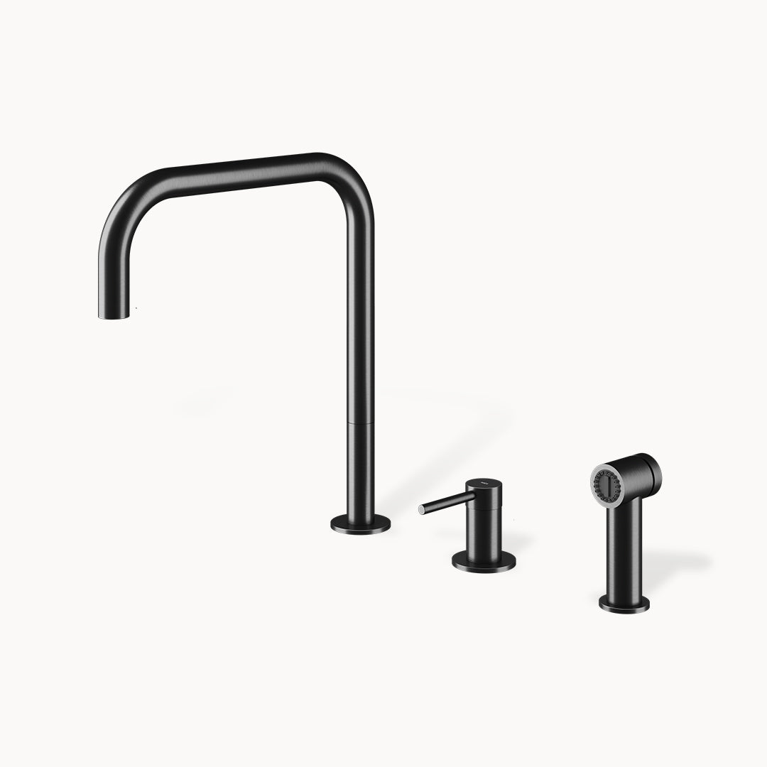 F2 HS Three-hole Stainless Steel Kitchen Faucet with Side-spray in Stainless Steel Matte Black PVD