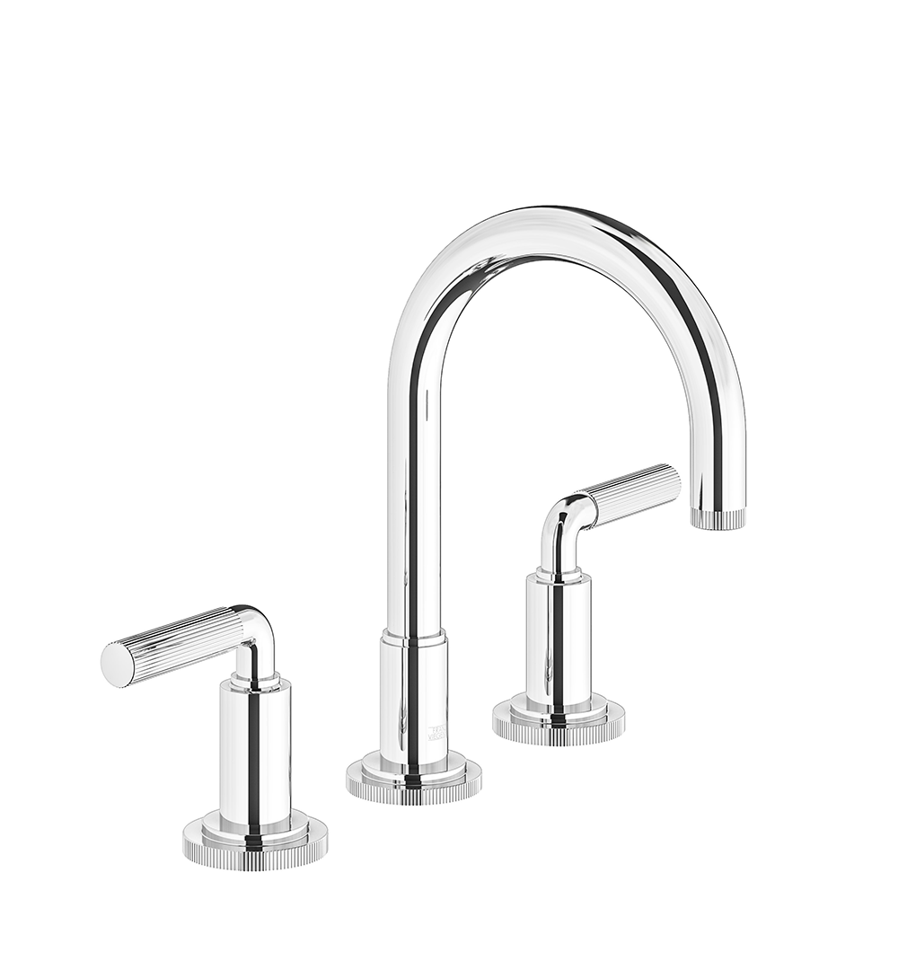 Techno Chic Widespread lavatory faucet with push-down pop-up drain assembly (no lift rod) - Vertical Lines Lever