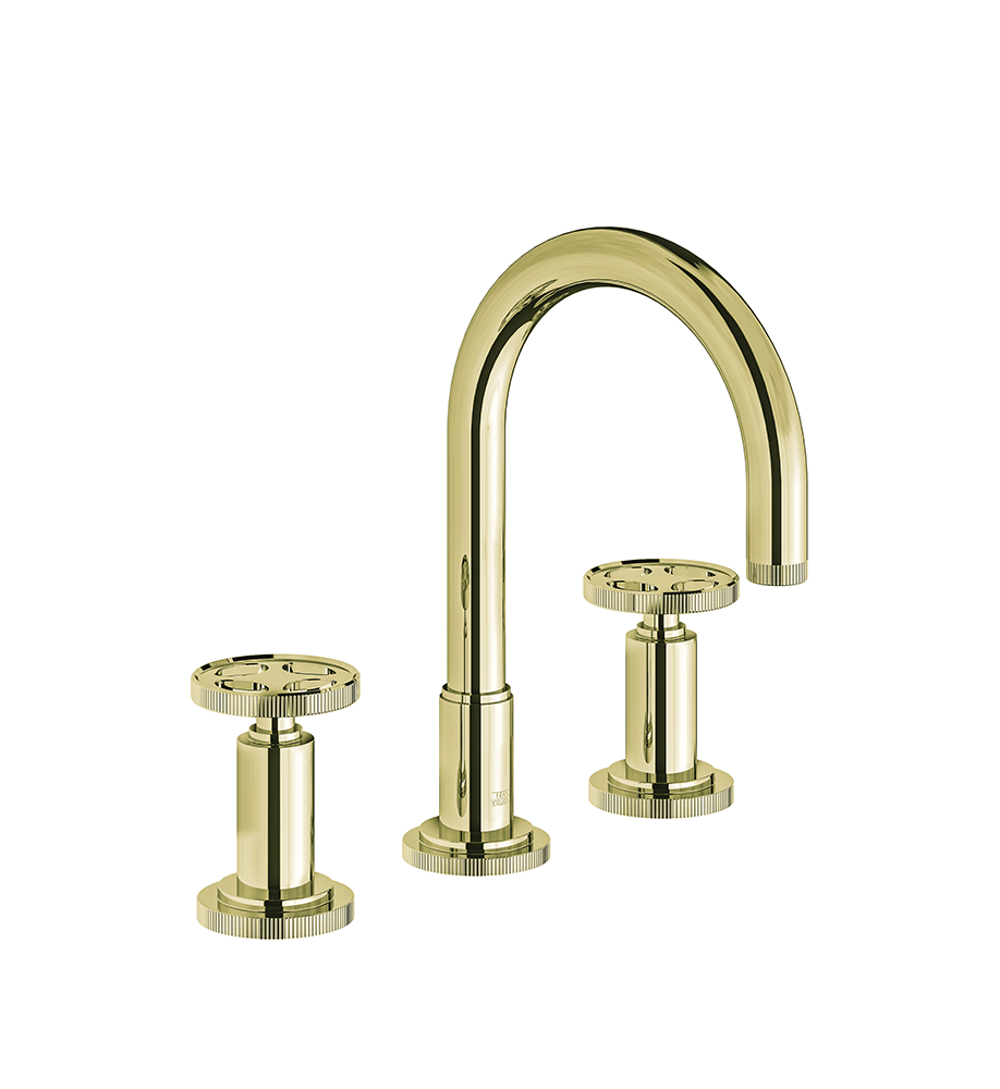 Techno Chic Widespread lavatory faucet with push-down pop-up drain assembly (no lift rod) - Vertical lines