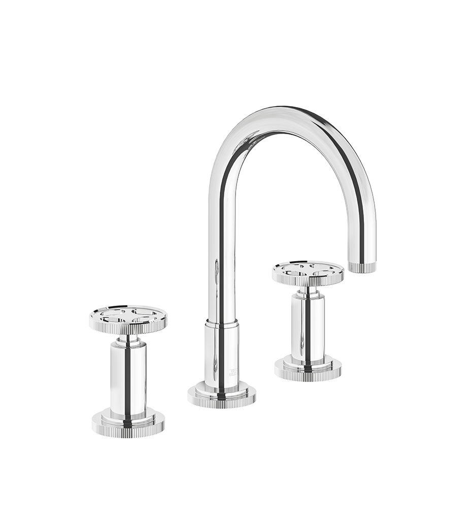 Techno Chic Widespread lavatory faucet with push-down pop-up drain assembly (no lift rod) - Vertical lines