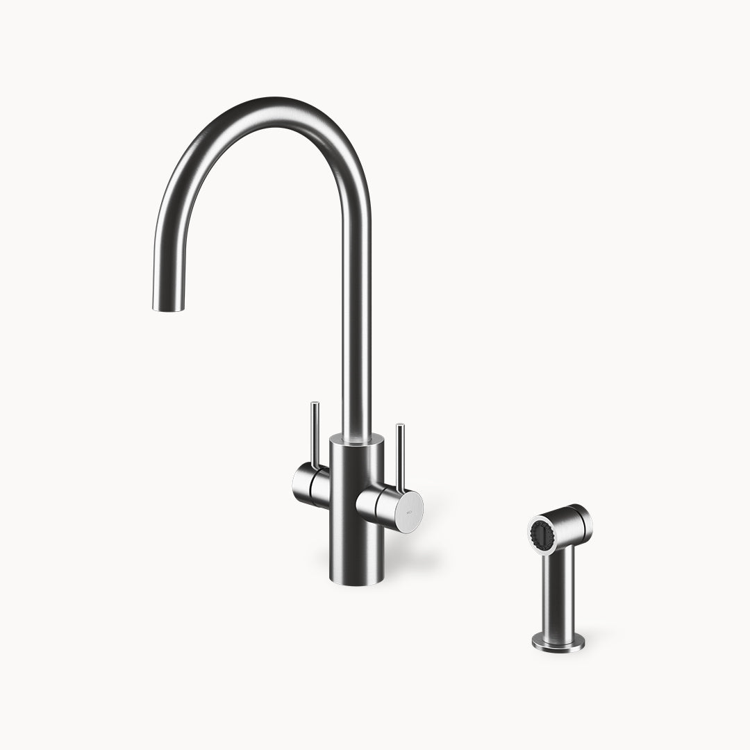 Spin DCS Single-hole Three-way Stainless Steel Kitchen Faucet for Main and Filtered Water with Side Spray in Stainless Steel Matte