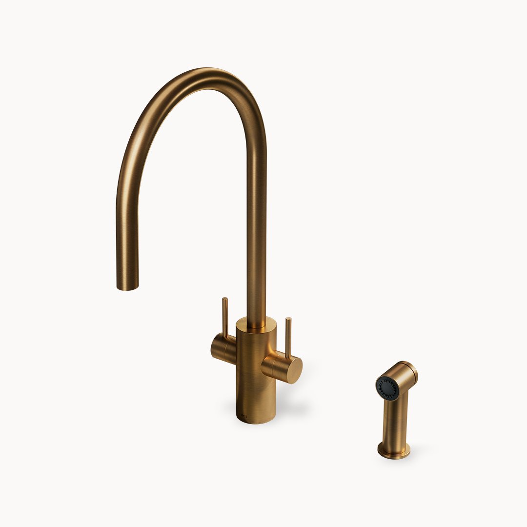 Spin DCS Single-hole Three-way Stainless Steel Kitchen Faucet for Main and Filtered Water with Side Spray in Stainless Steel Matte Gold PVD