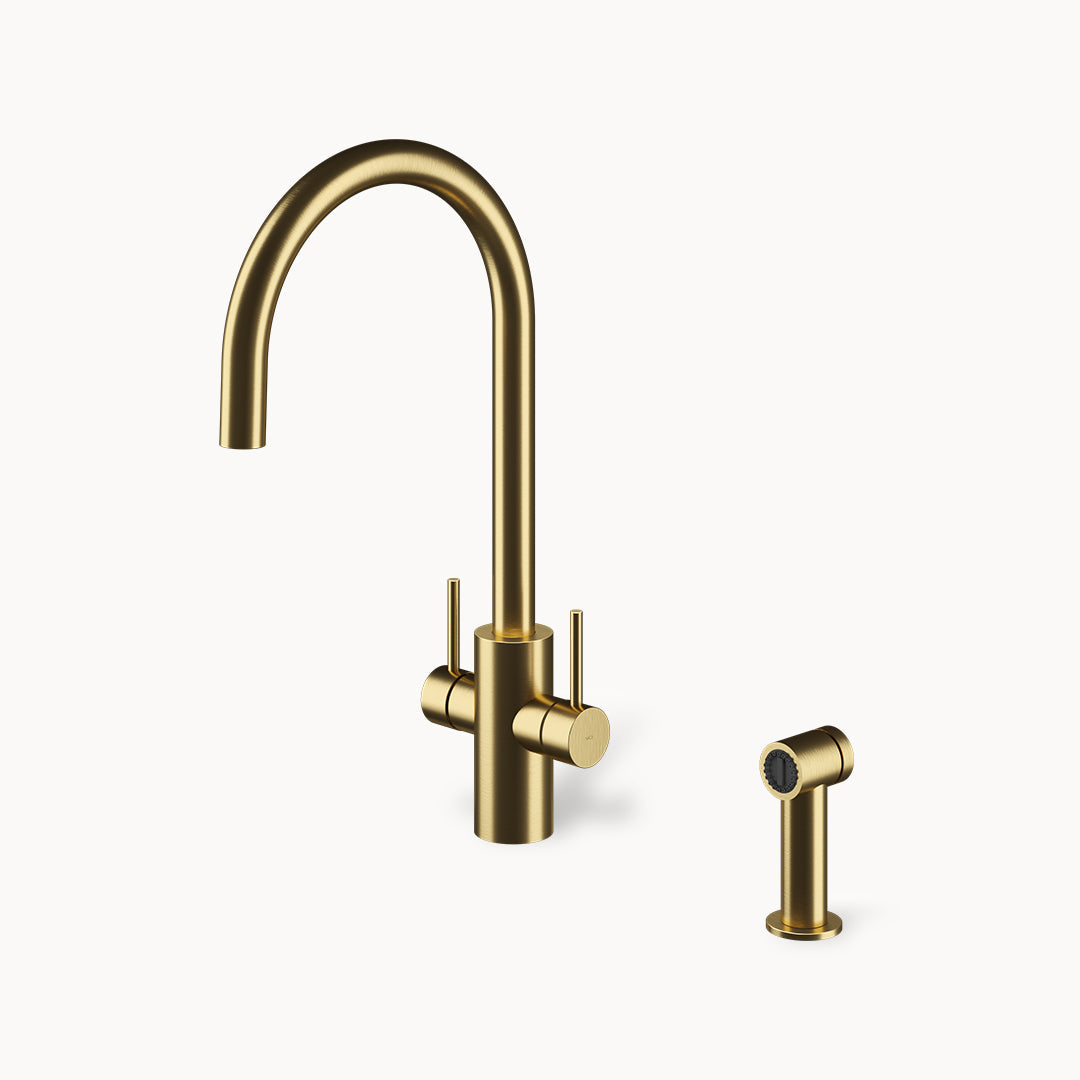 Spin DCS Single-hole Three-way Stainless Steel Kitchen Faucet for Main and Filtered Water with Side Spray in Stainless Steel Matte Gilded PVD