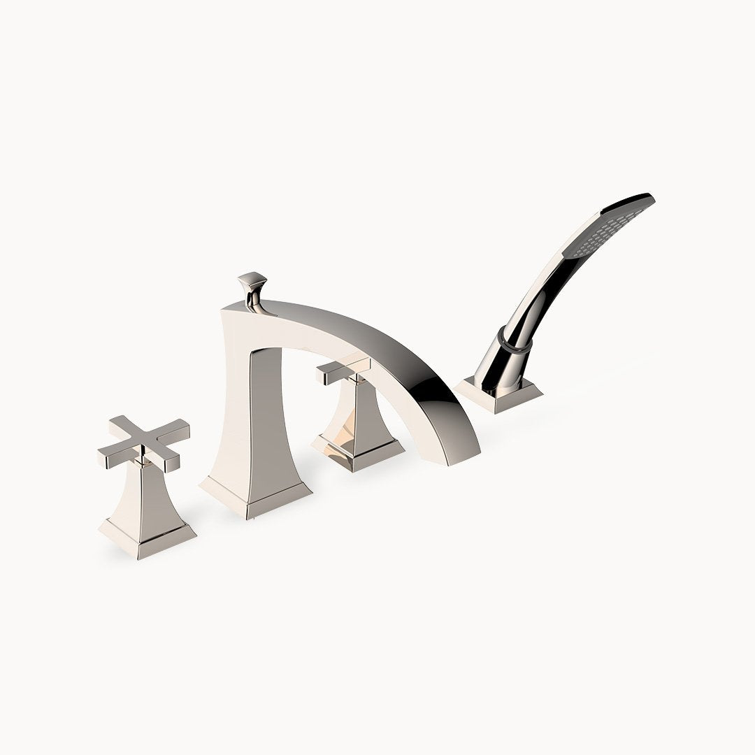 Leyden Roman Tub Filler with Metal Cross Handles and Hand Shower