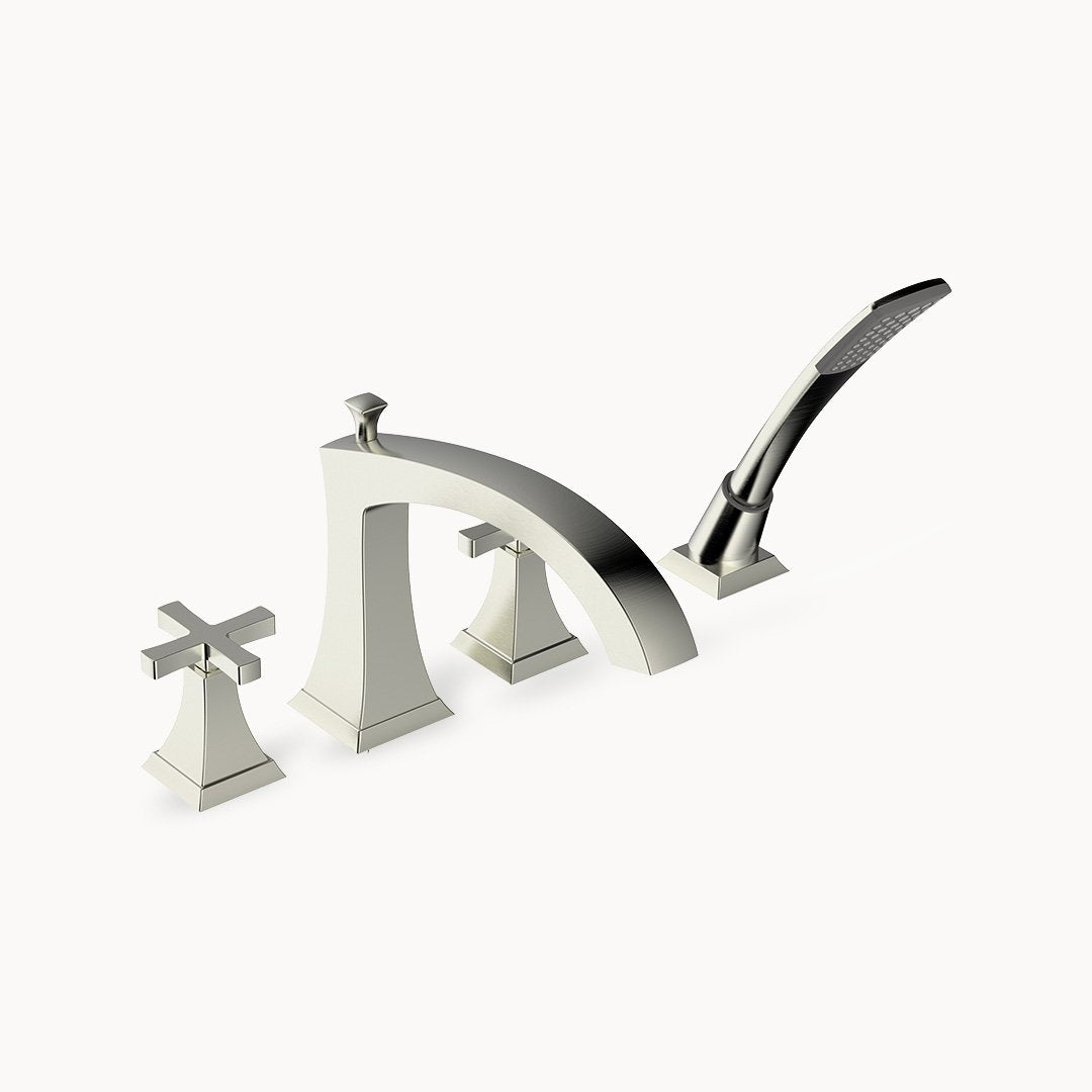 Leyden Roman Tub Filler with Metal Cross Handles and Hand Shower