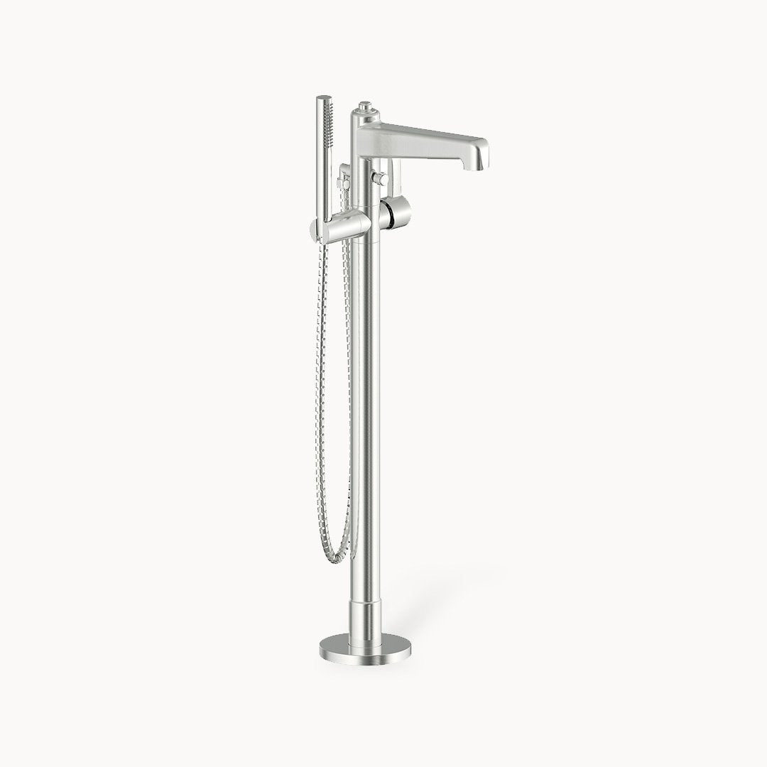 Darby Floor Mount Tub Filler with Metal Lever Handle and Hand Shower