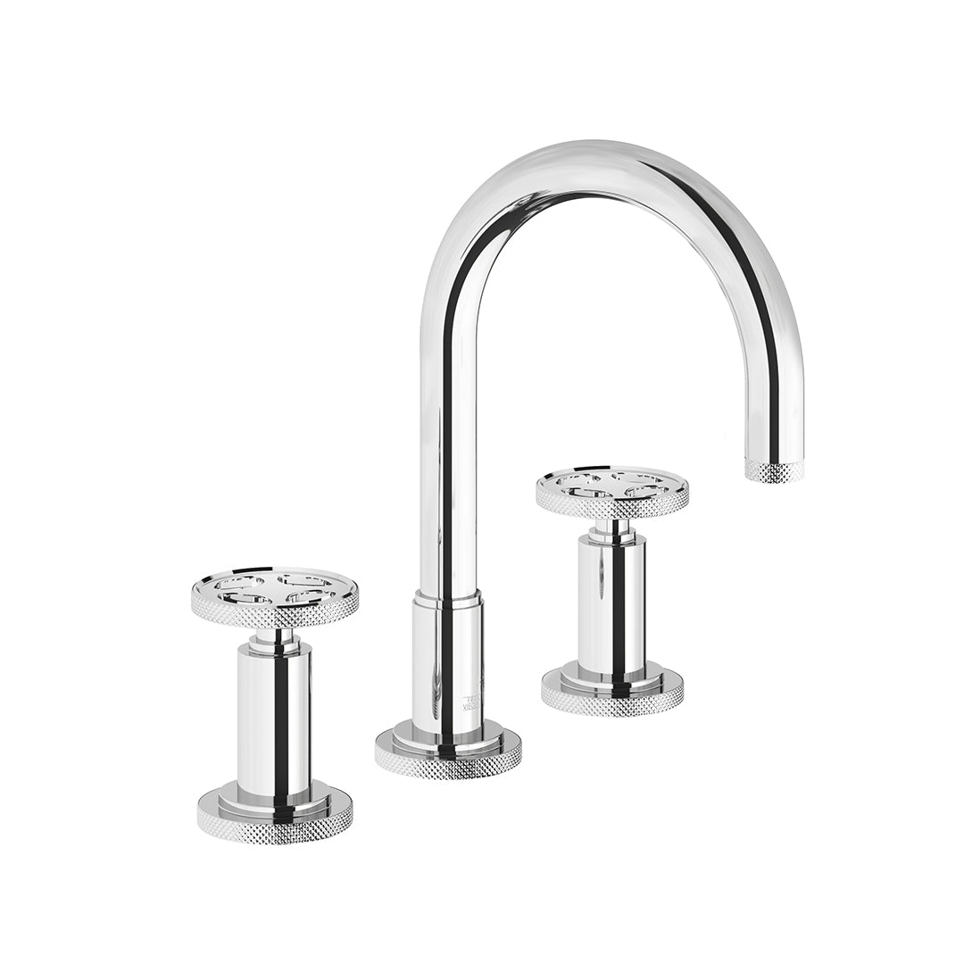Techno Chic Widespread lavatory faucet with push-down pop-up drain assembly (no lift rod) - Knurling