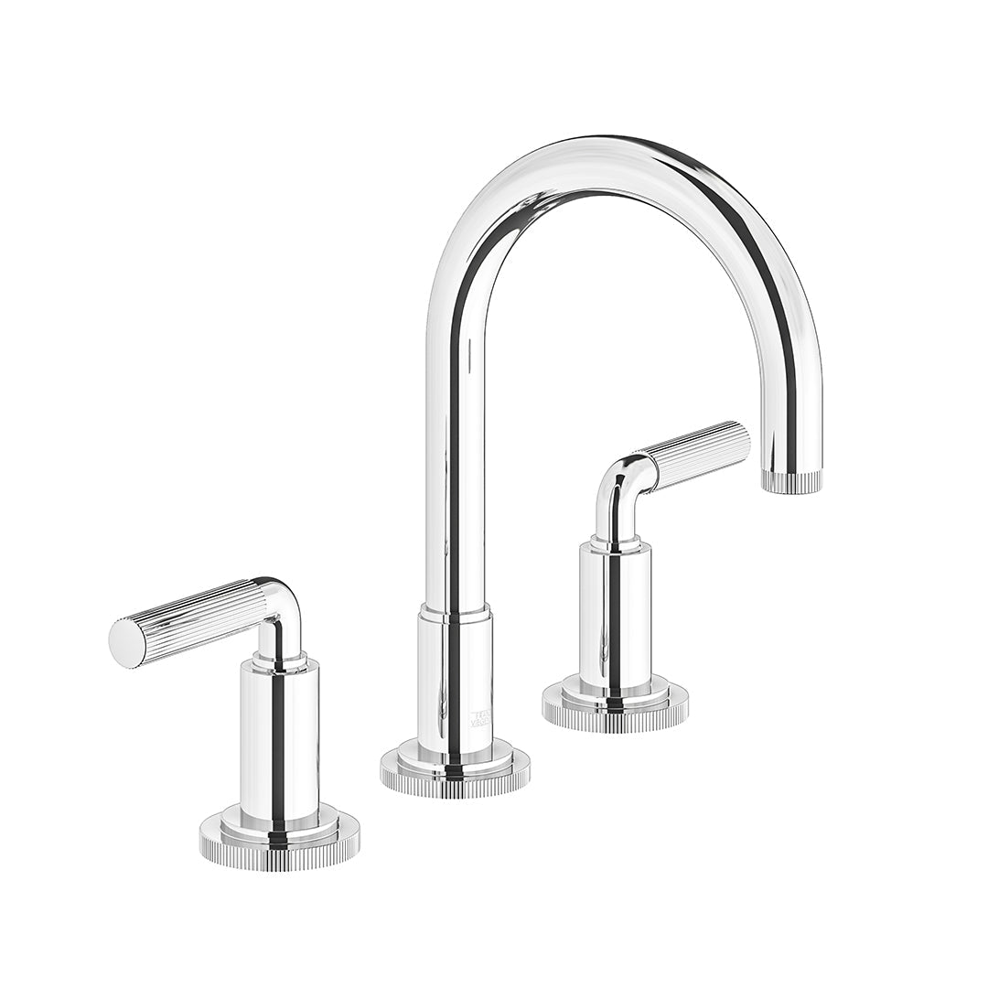 Techno Chic Widespread lavatory faucet with push-down pop-up drain assembly (no lift rod) - Vertical Lines Lever