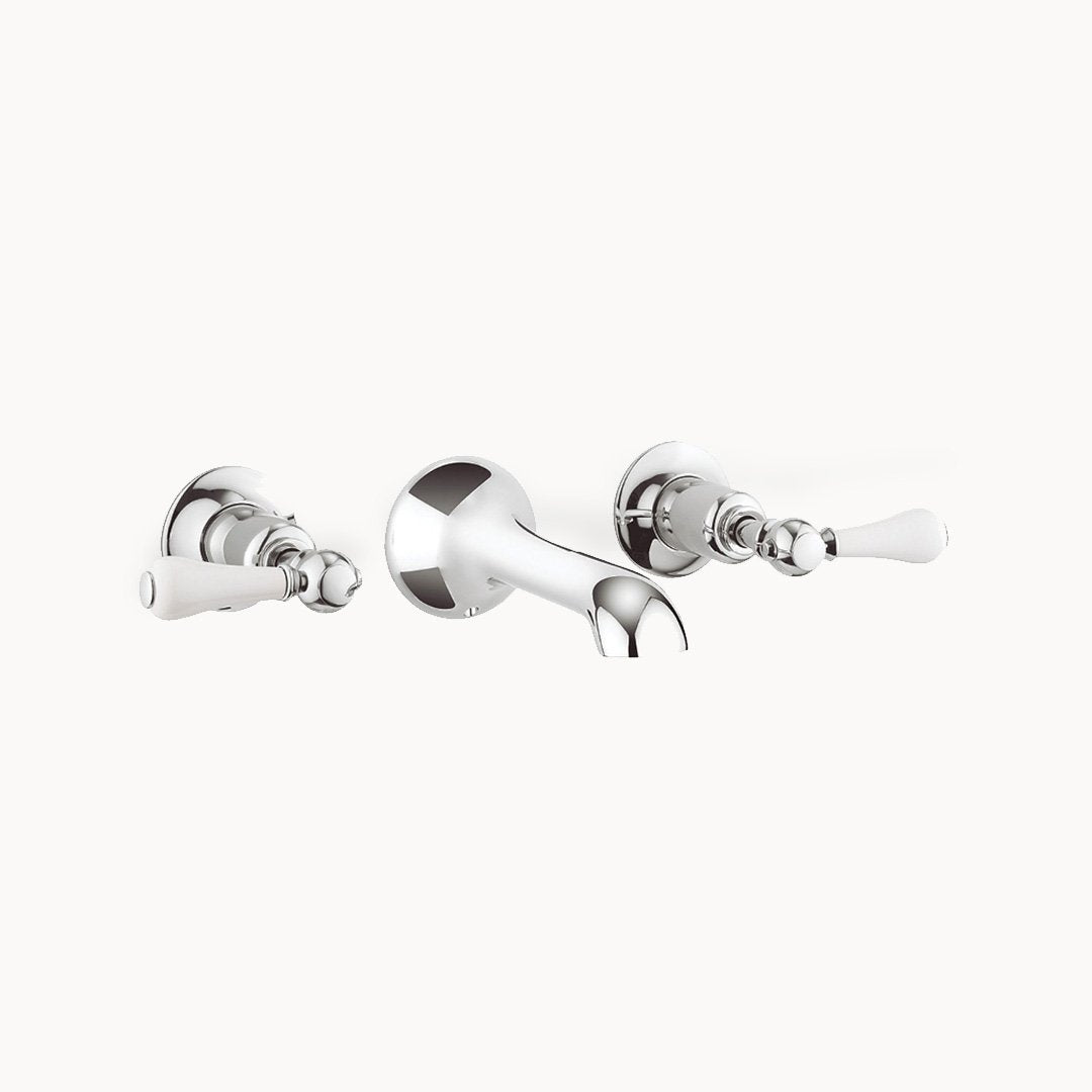 Belgravia Wall Mount Bathroom Faucet with White Lever Handles