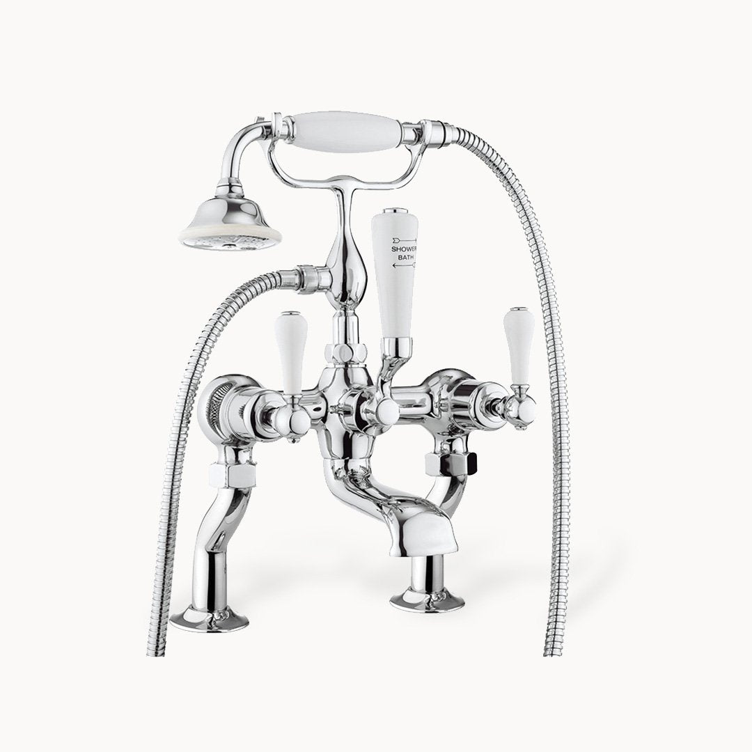 Belgravia Floor Mount Tub Filler with Hand Shower and White Lever Handles