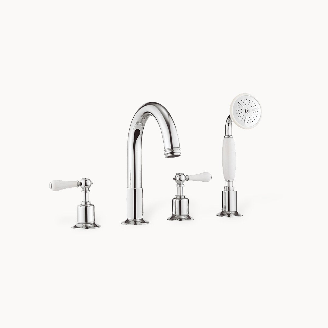 Belgravia Roman Tub Filler with Hand Shower and White Lever Handles