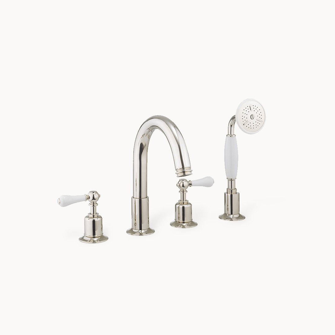 Belgravia Roman Tub Filler with Hand Shower and White Lever Handles
