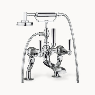Waldorf Floor Mount Tub Filler with Hand Shower and Metal Lever Handles