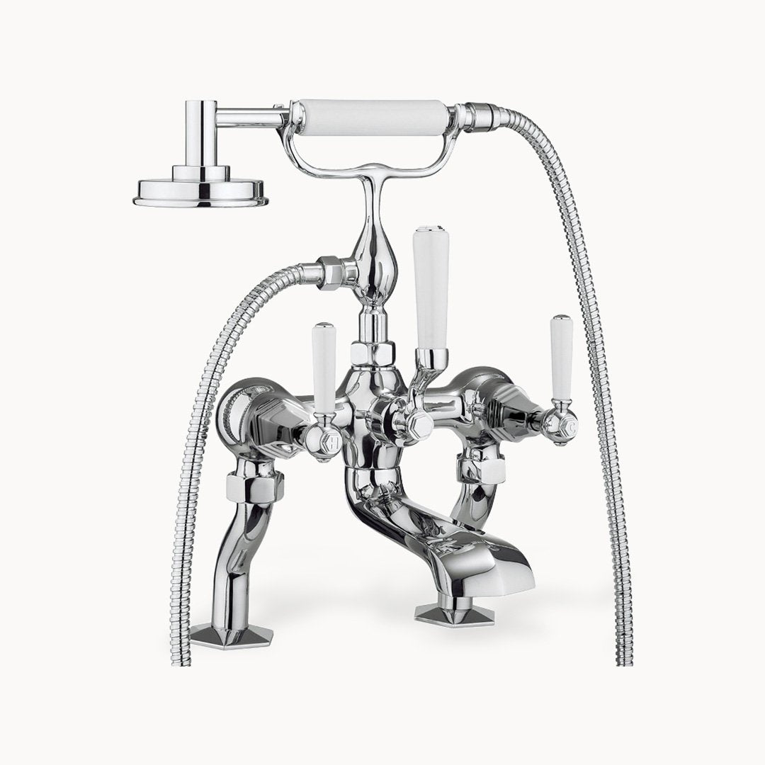 Waldorf Floor Mount Tub Filler with Hand Shower and White Lever Handles